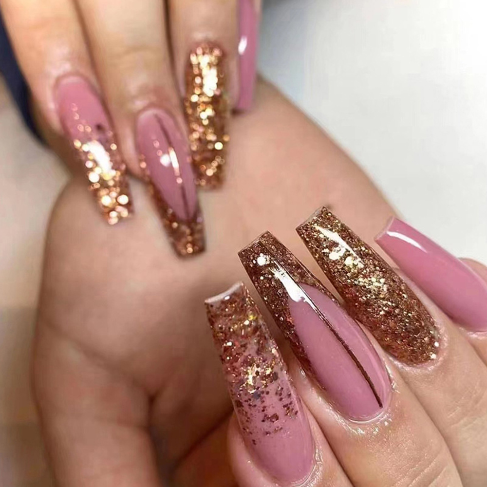 Fake Nails Coffin Shape 24PCS Removable Nail Tips Design Glitter Gold Foils  Designs Full Cover Nail Tips Free Shipping Items - AliExpress
